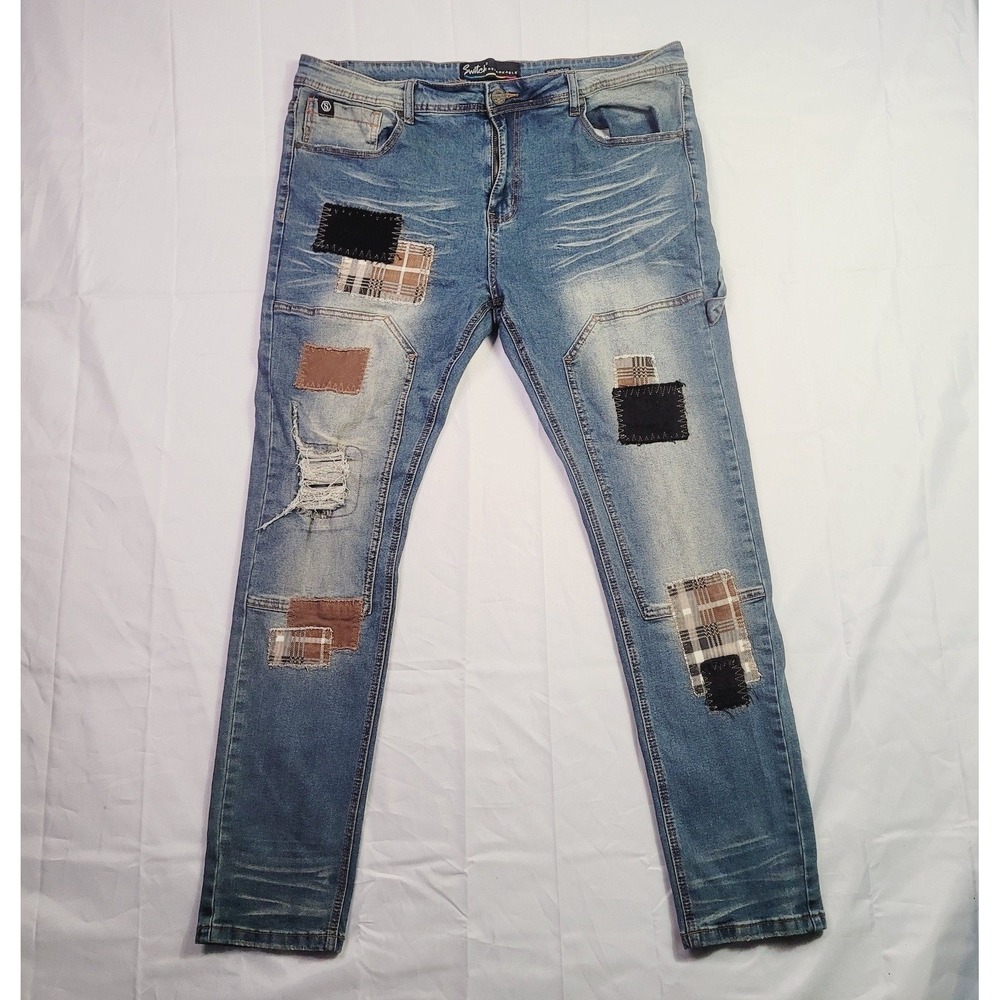 Switch Remarkable Men's Slim Taper Fit Jeans 38x32 Blue Distressed Patchwork J97